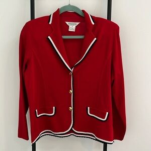 Exclusively Misook Red Black Blazer Cardigan Gold Buttons V-Neck Women